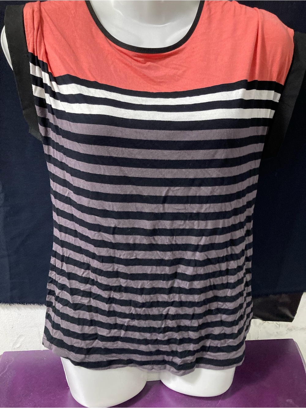 Suzy Shier Coral & Black Striped Scoop Neck Tee
